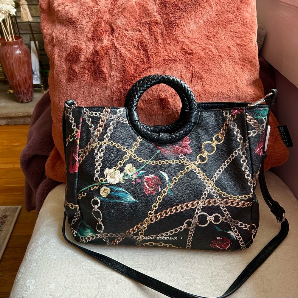 Dana Buchman, black floral vegan satchel crossbody bag - Picture 9 of 15
